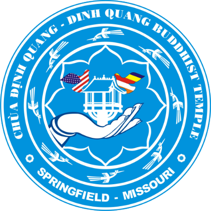 A logo for Dinh Quang Buddhist temple depicting a circle. In the circle is 8 birds circling a lotus flower. In the middle of the lotus flower is an open palm holding a birdhouse. Sitting on the birdhouse are the silhouettes of two different birds. One bird has an American flag and the other bird has a Buddhist flag. The background is blue.